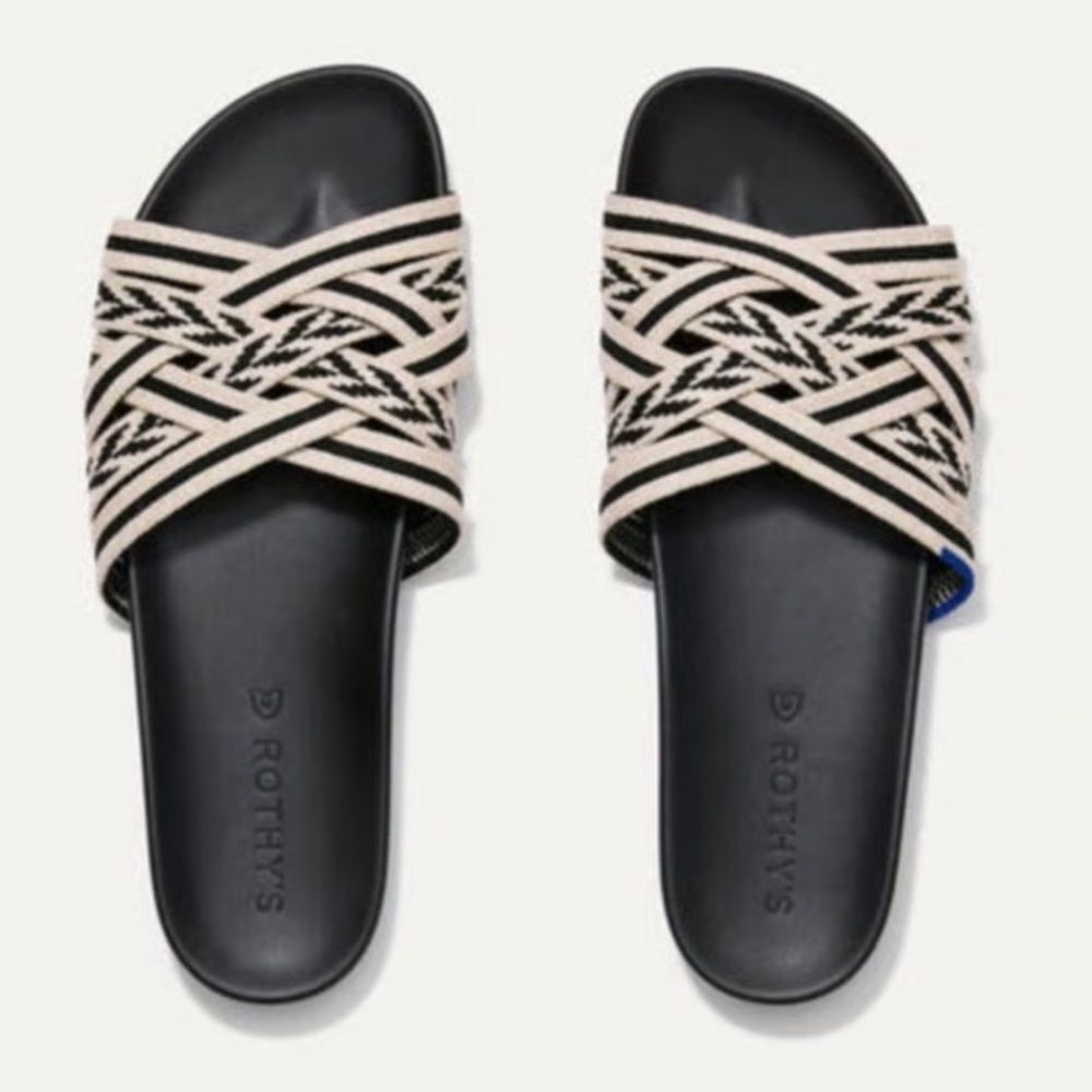 ROTHY’S The Slide Cloud Crossover Fabric Sandals black white 7.5